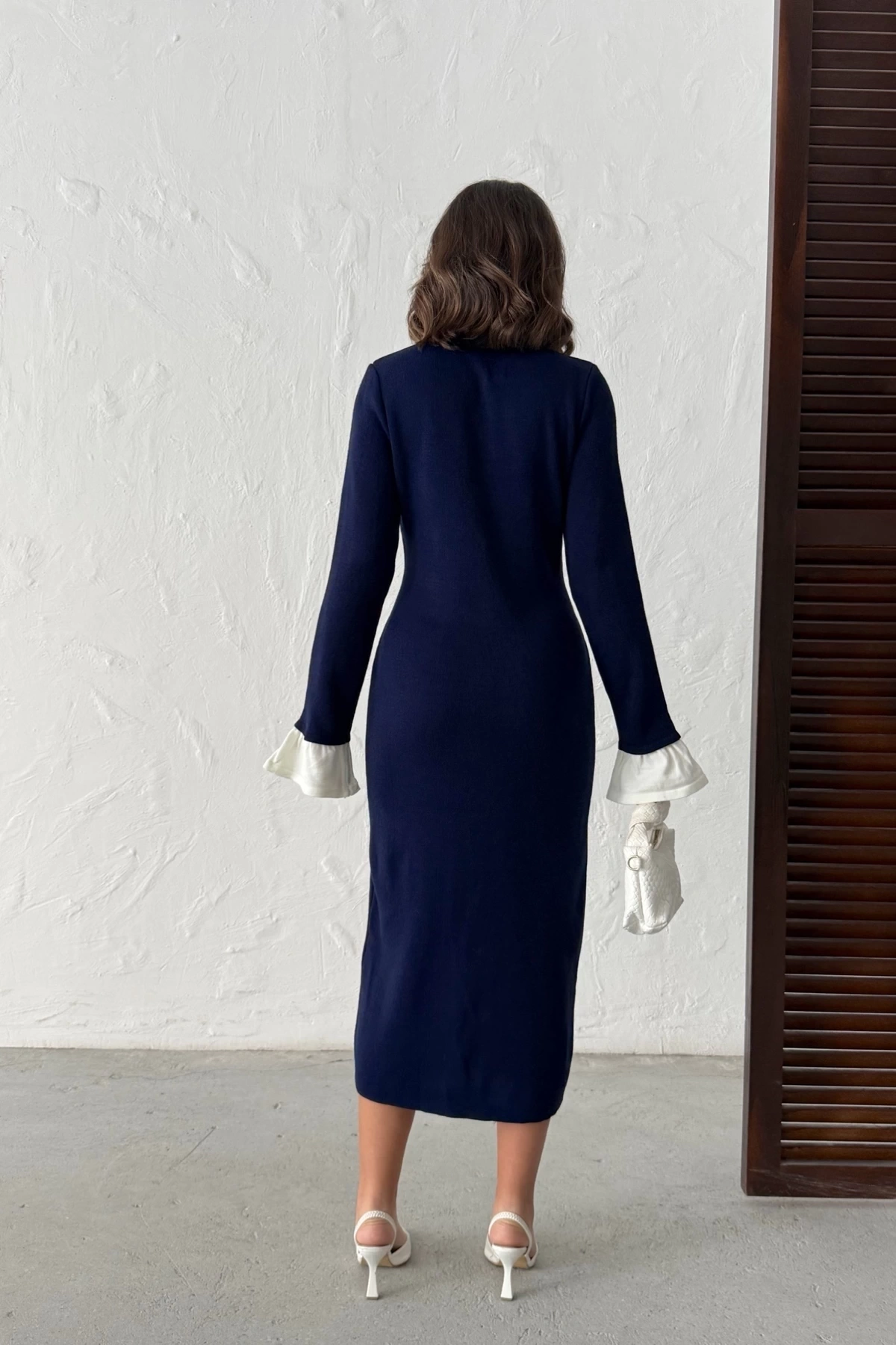 Kadın Lacivert Şık Düğme Ve Kol Detaylı Triko Elbise