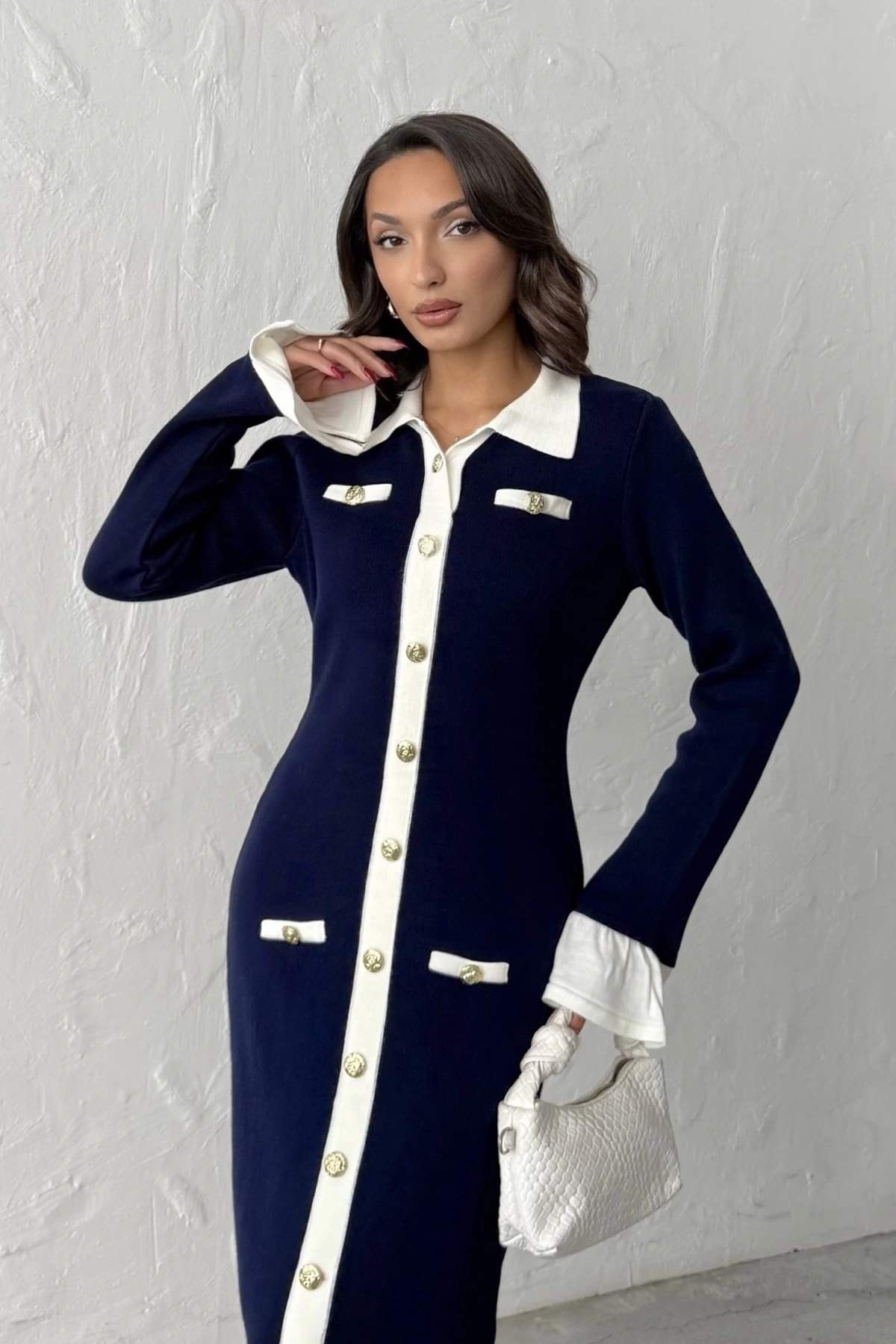 Kadın Lacivert Şık Düğme Ve Kol Detaylı Triko Elbise