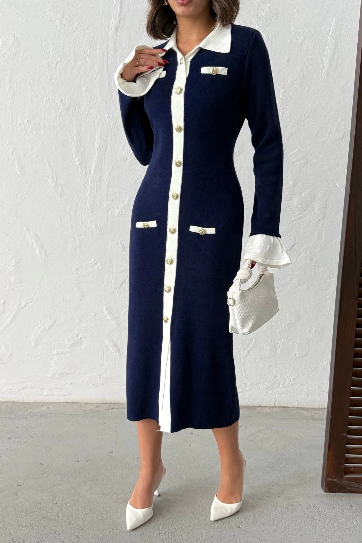 Kadın Lacivert Şık Düğme Ve Kol Detaylı Triko Elbise