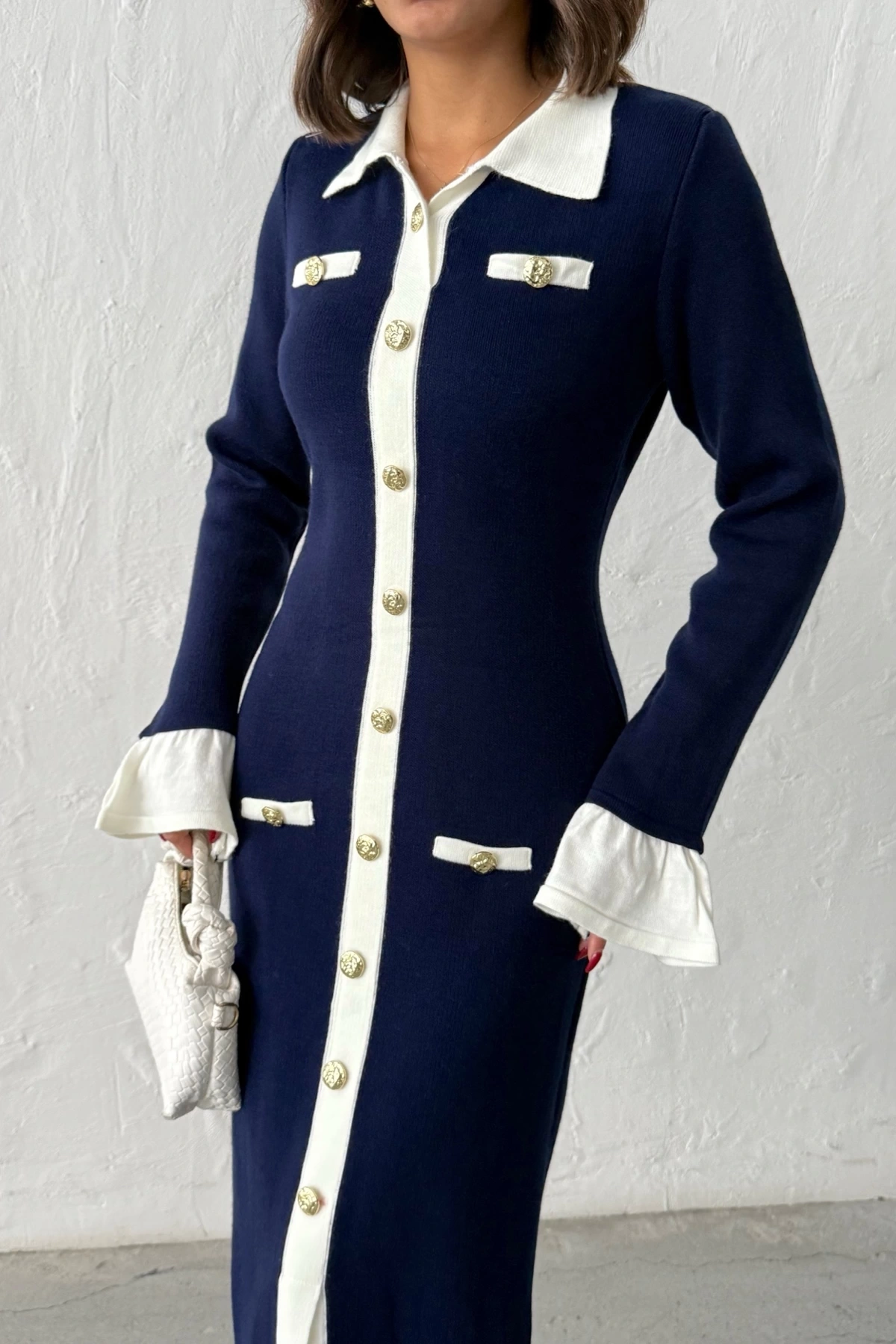 Kadın Lacivert Şık Düğme Ve Kol Detaylı Triko Elbise