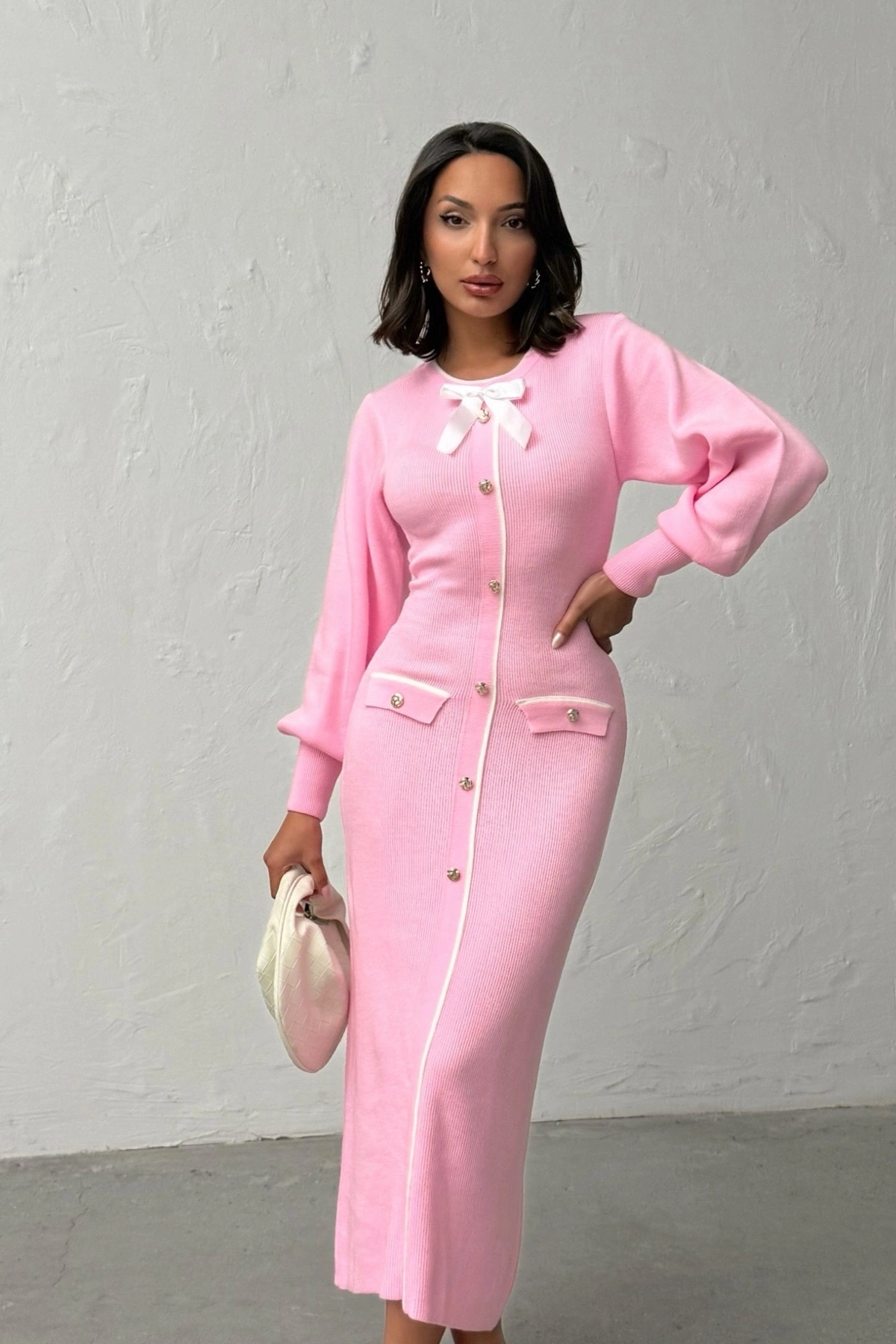 Kadın Pembe Şık Fiyonk Detaylı Balon Kol Zarif Triko Elbise