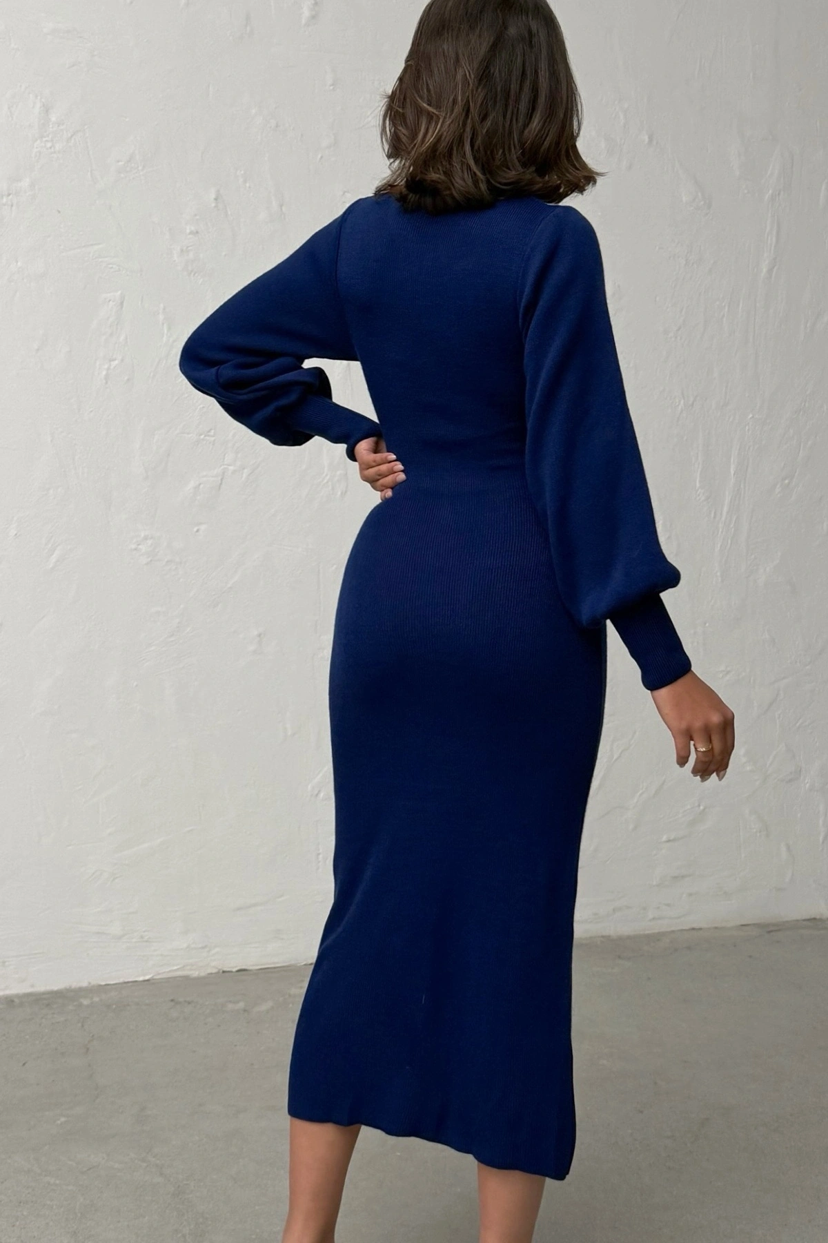 Kadın Lacivert Şık Fiyonk Detaylı Balon Kol Zarif Triko Elbise