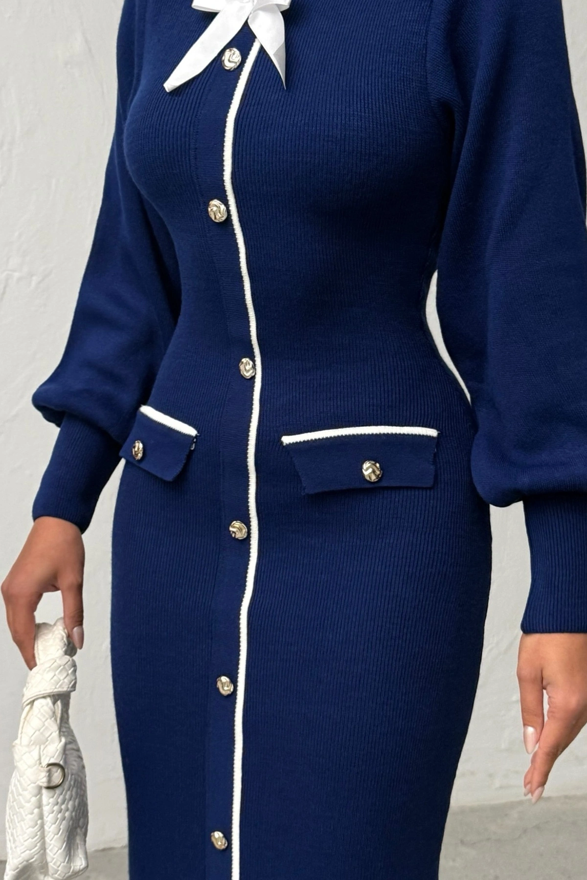 Kadın Lacivert Şık Fiyonk Detaylı Balon Kol Zarif Triko Elbise