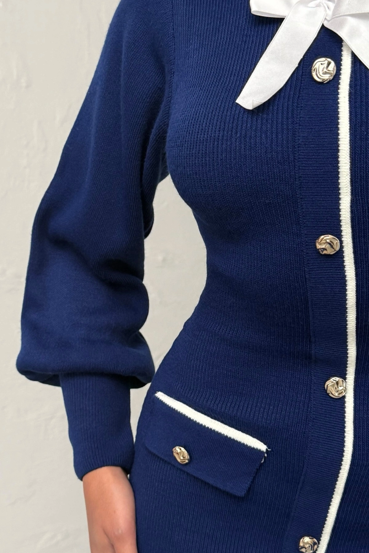 Kadın Lacivert Şık Fiyonk Detaylı Balon Kol Zarif Triko Elbise