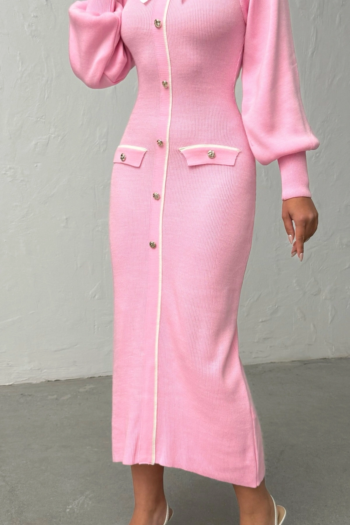 Kadın Pembe Şık Fiyonk Detaylı Balon Kol Zarif Triko Elbise