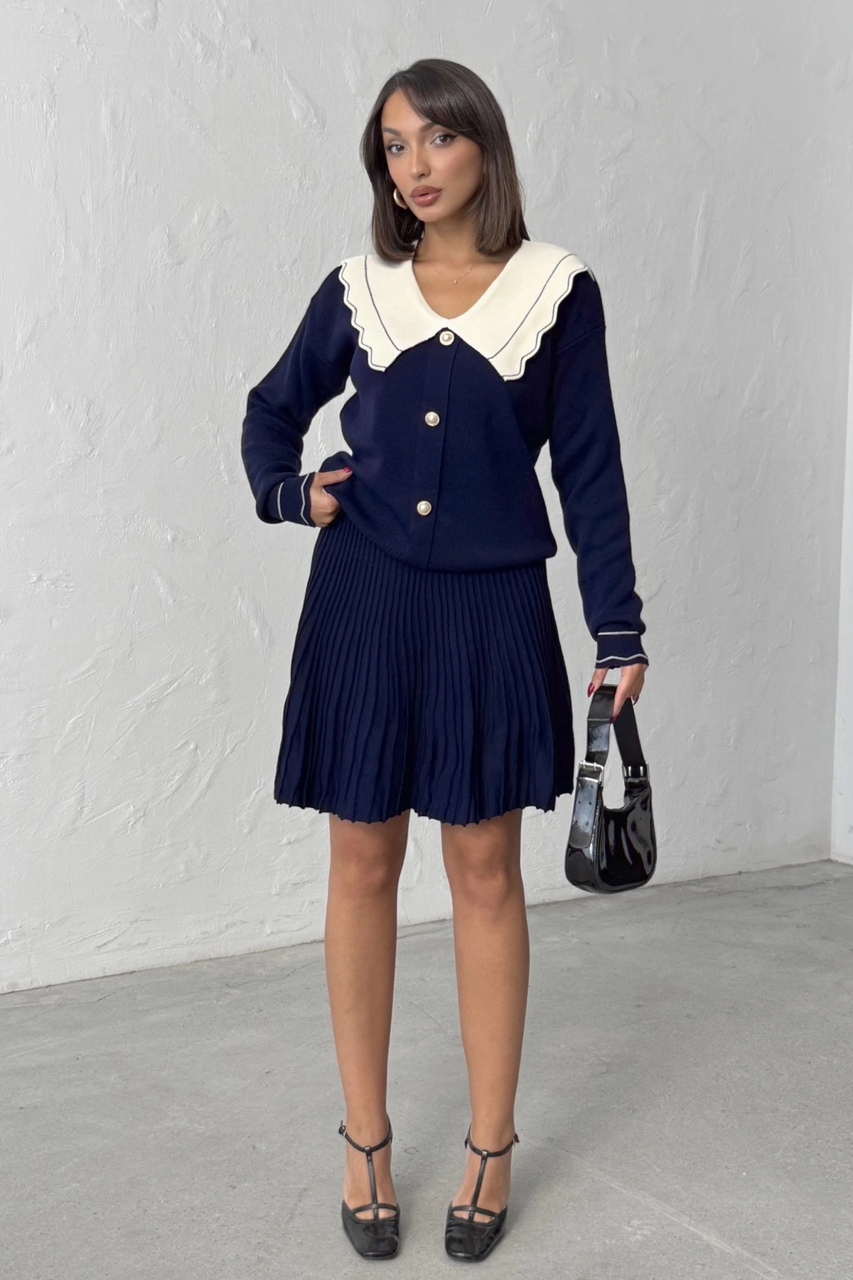 Kadın Lacivert Şık Yaka Detaylı Hırka Bluz Etek Alt Üst İkili Takım (Yeni Renk)