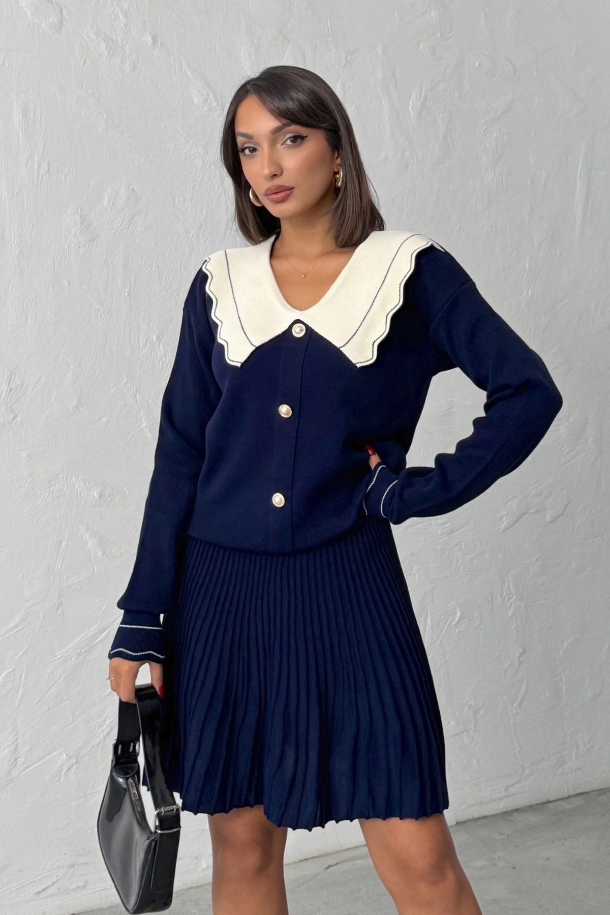 Kadın Lacivert Şık Yaka Detaylı Hırka Bluz Etek Alt Üst İkili Takım (Yeni Renk)