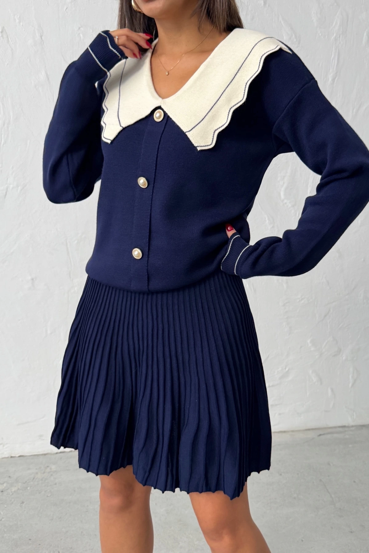 Kadın Lacivert Şık Yaka Detaylı Hırka Bluz Etek Alt Üst İkili Takım (Yeni Renk)