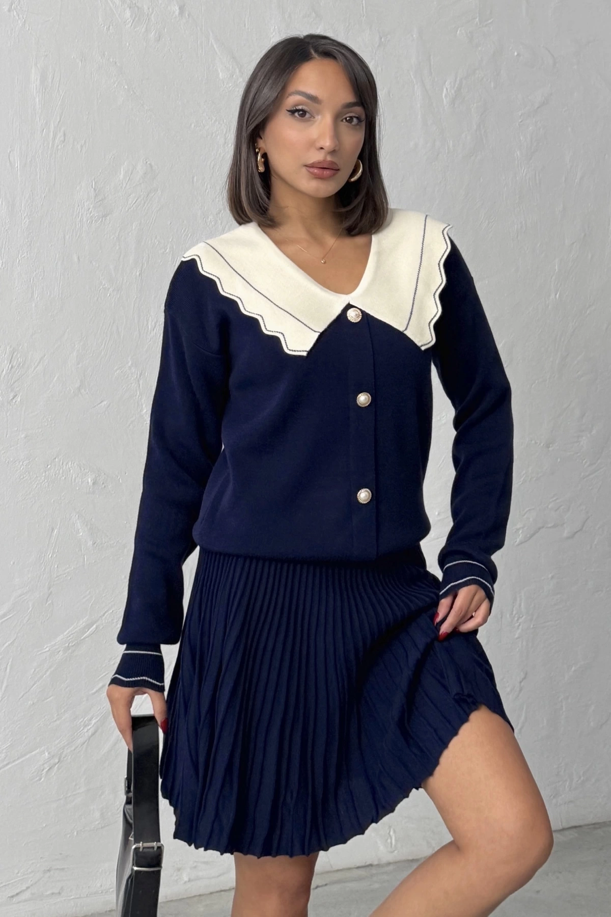 Kadın Lacivert Şık Yaka Detaylı Hırka Bluz Etek Alt Üst İkili Takım (Yeni Renk)