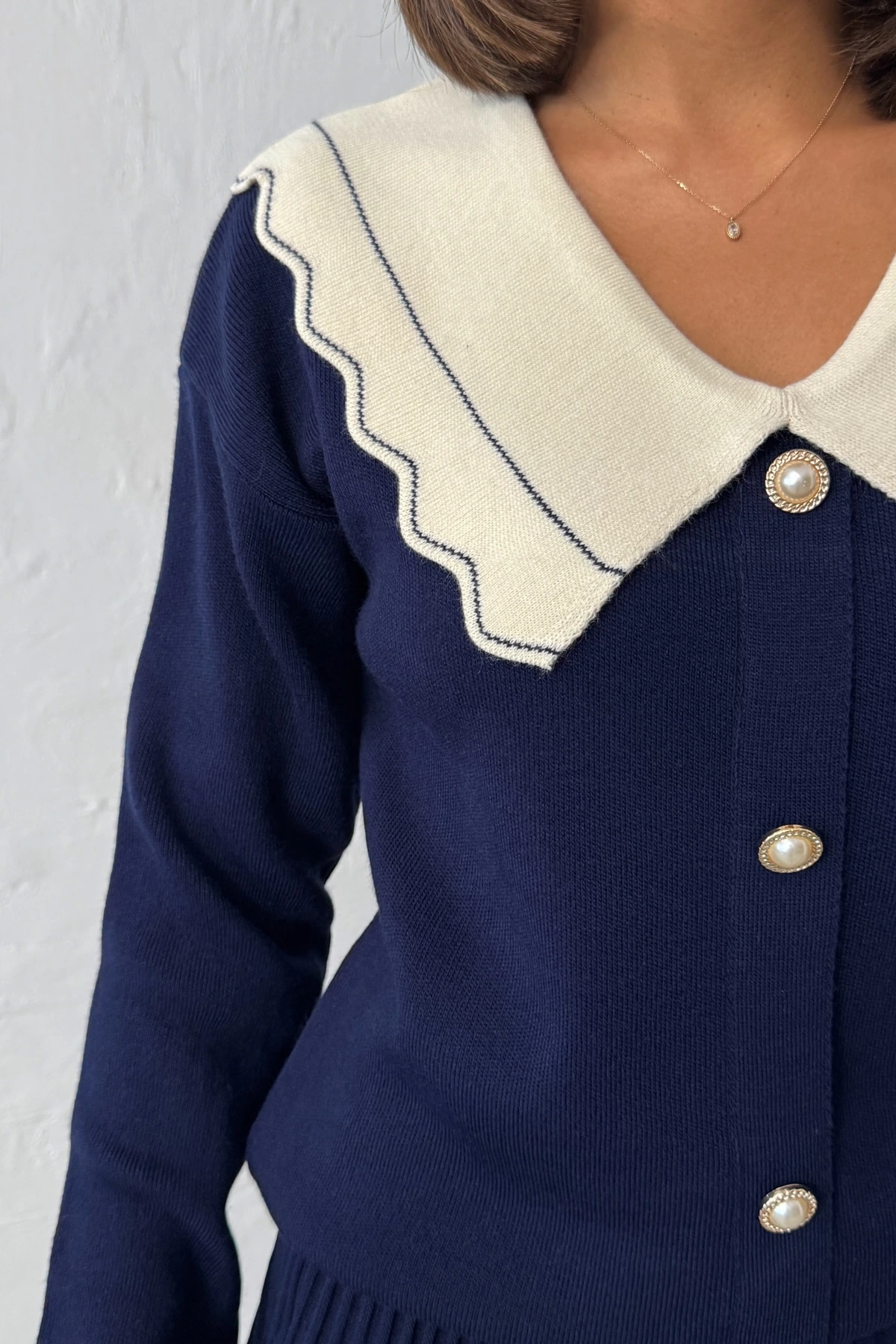 Kadın Lacivert Şık Yaka Detaylı Hırka Bluz Etek Alt Üst İkili Takım (Yeni Renk)