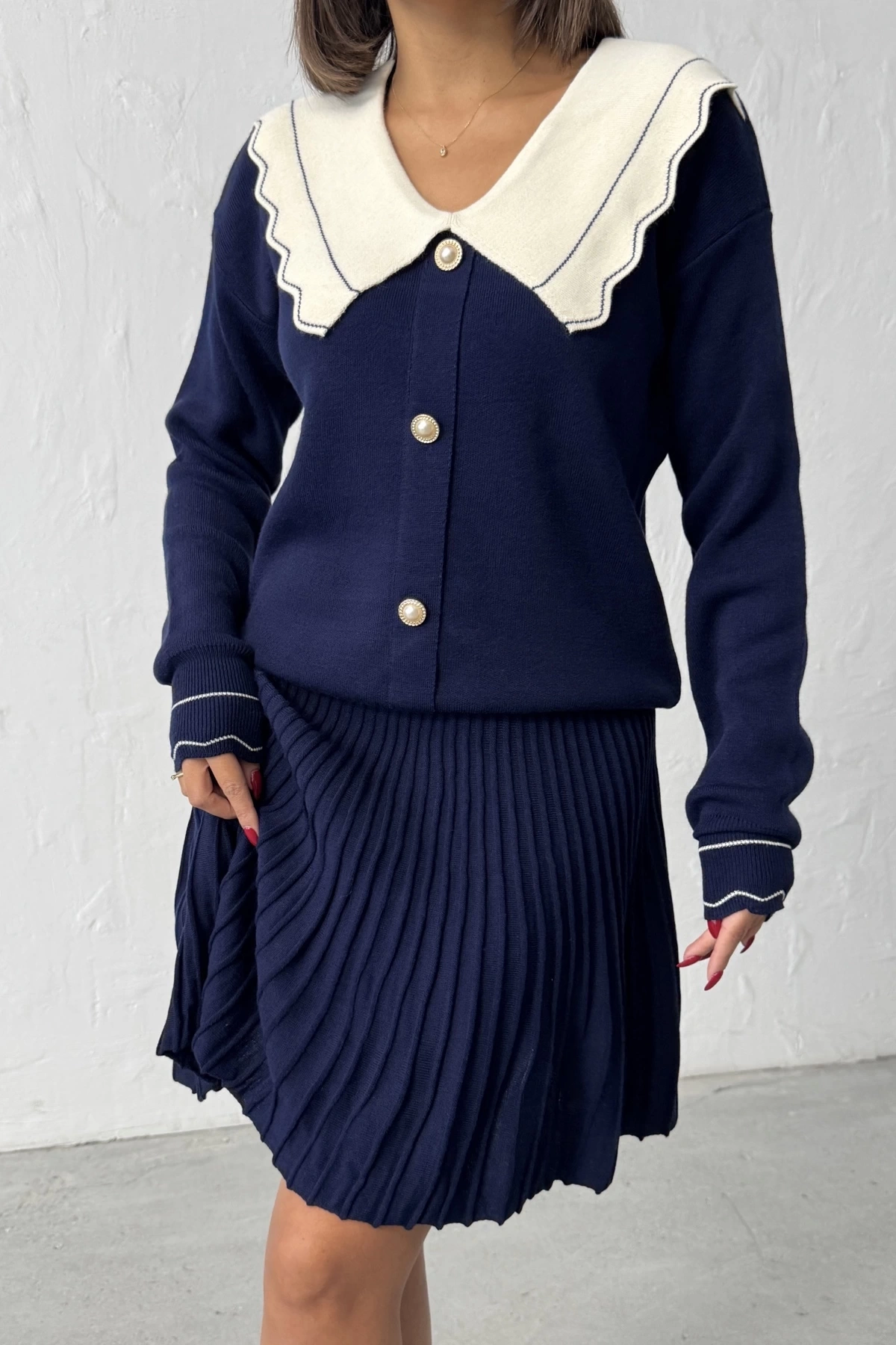 Kadın Lacivert Şık Yaka Detaylı Hırka Bluz Etek Alt Üst İkili Takım (Yeni Renk)