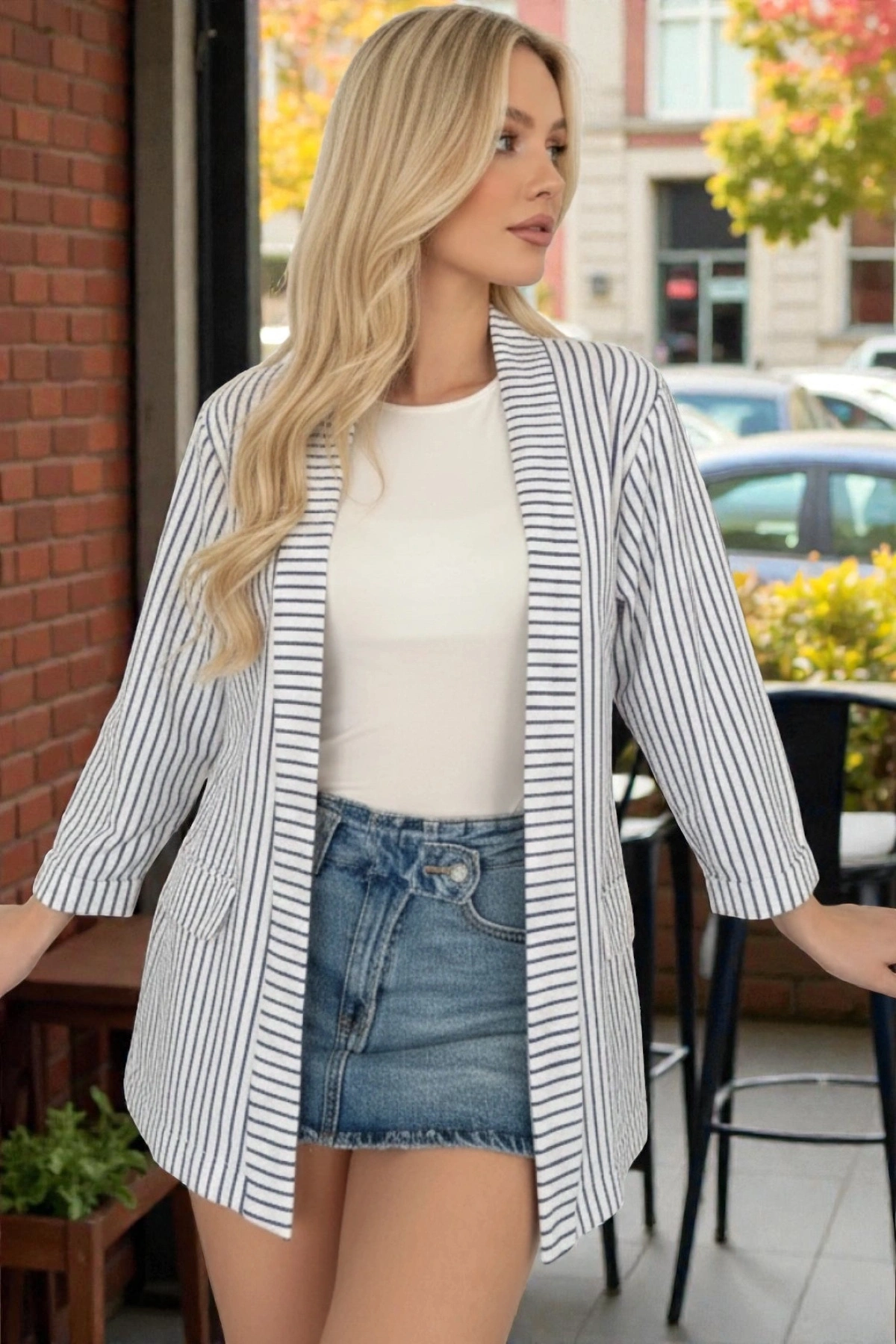 Kadın Mavi Çizgili Kimono Gömlek