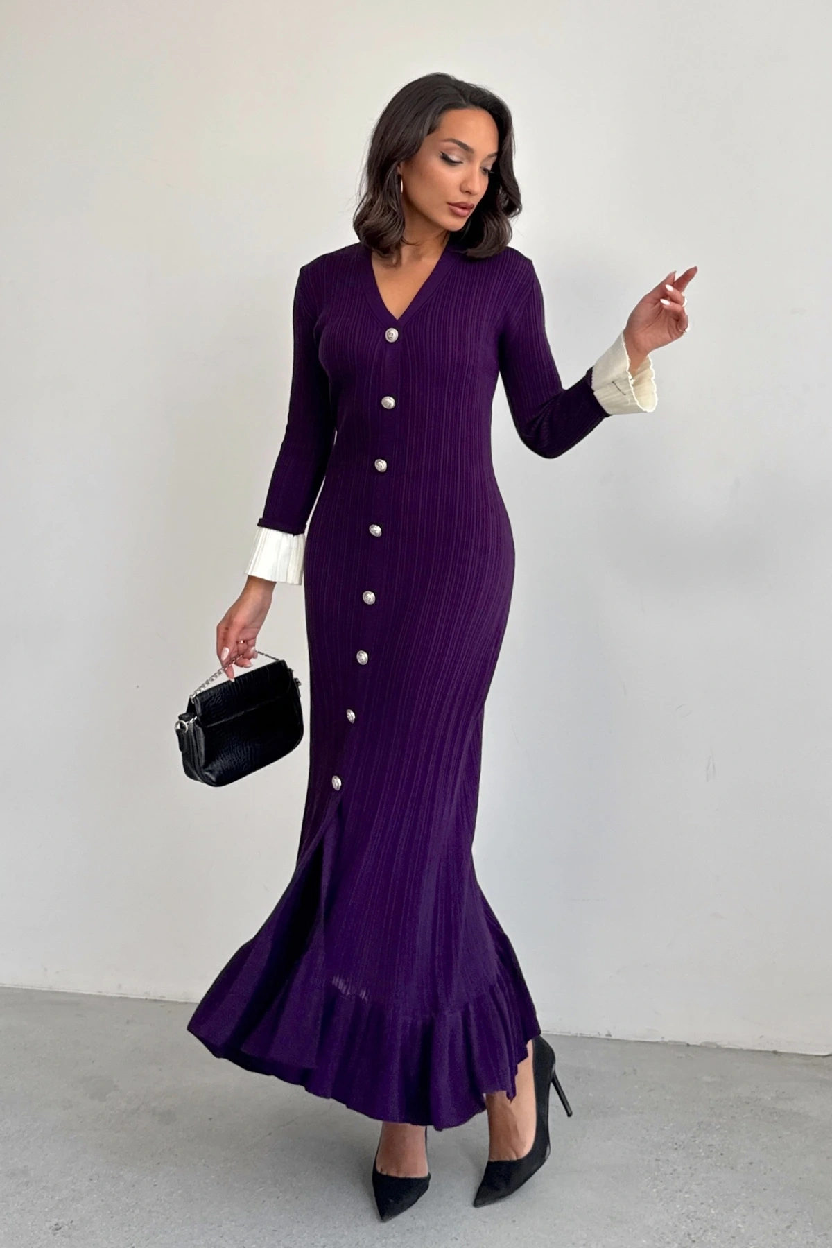 Kadın Mor Şık Bilek Boy Kol Boydan Düğmeli Uzun Triko Elbise