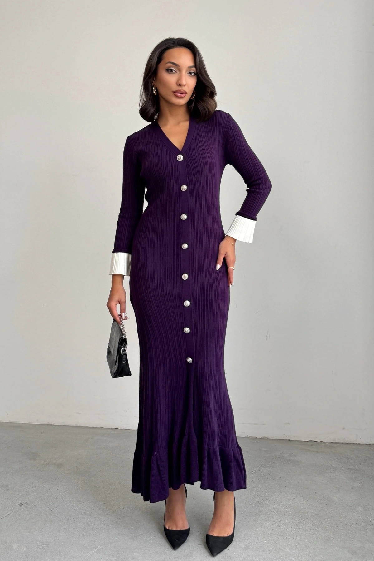 Kadın Mor Şık Bilek Boy Kol Boydan Düğmeli Uzun Triko Elbise