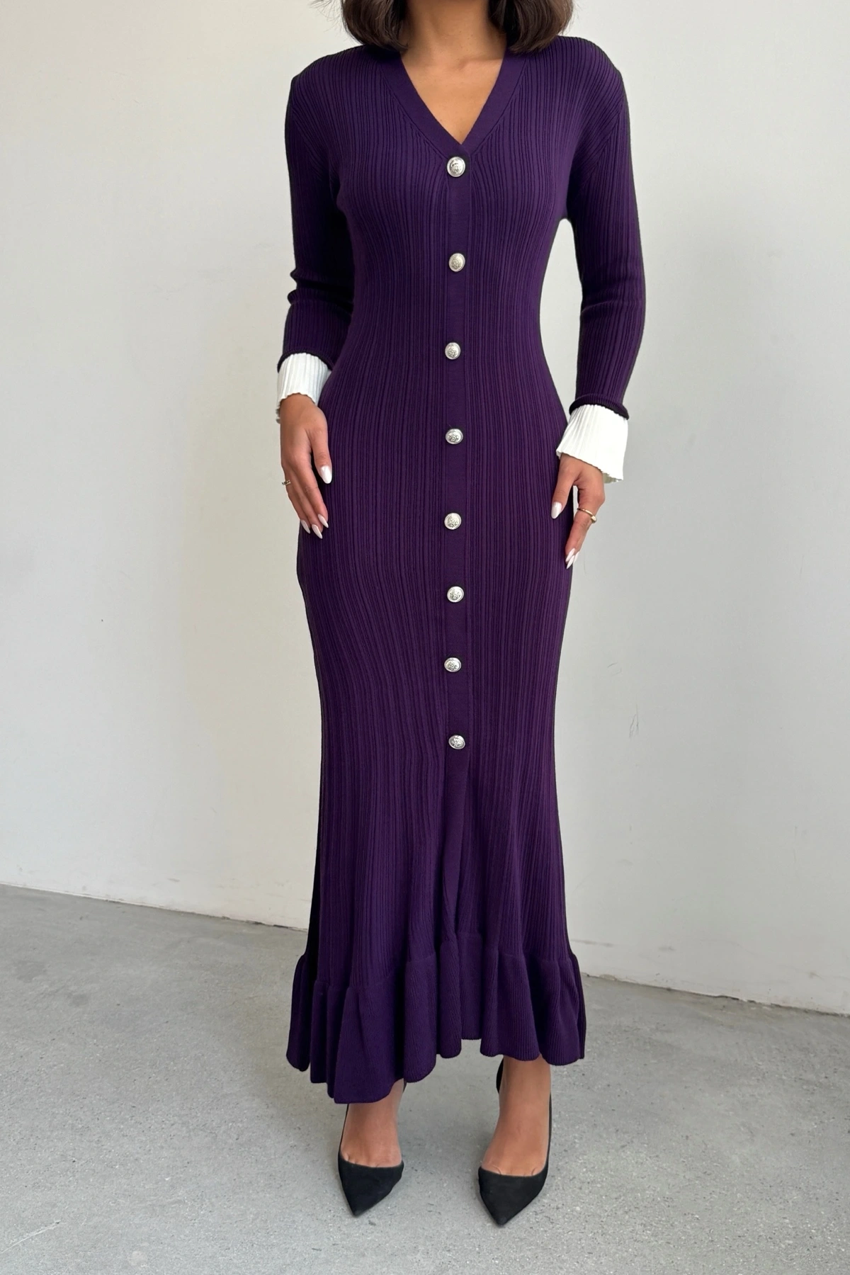 Kadın Mor Şık Bilek Boy Kol Boydan Düğmeli Uzun Triko Elbise