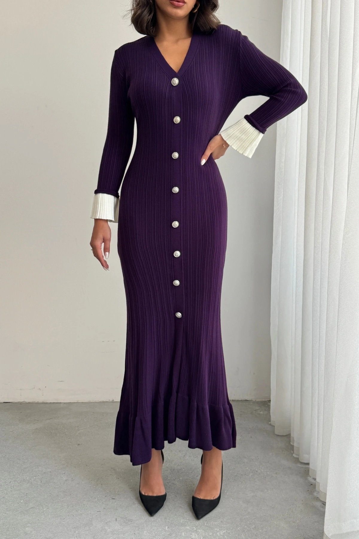 Kadın Mor Şık Bilek Boy Kol Boydan Düğmeli Uzun Triko Elbise