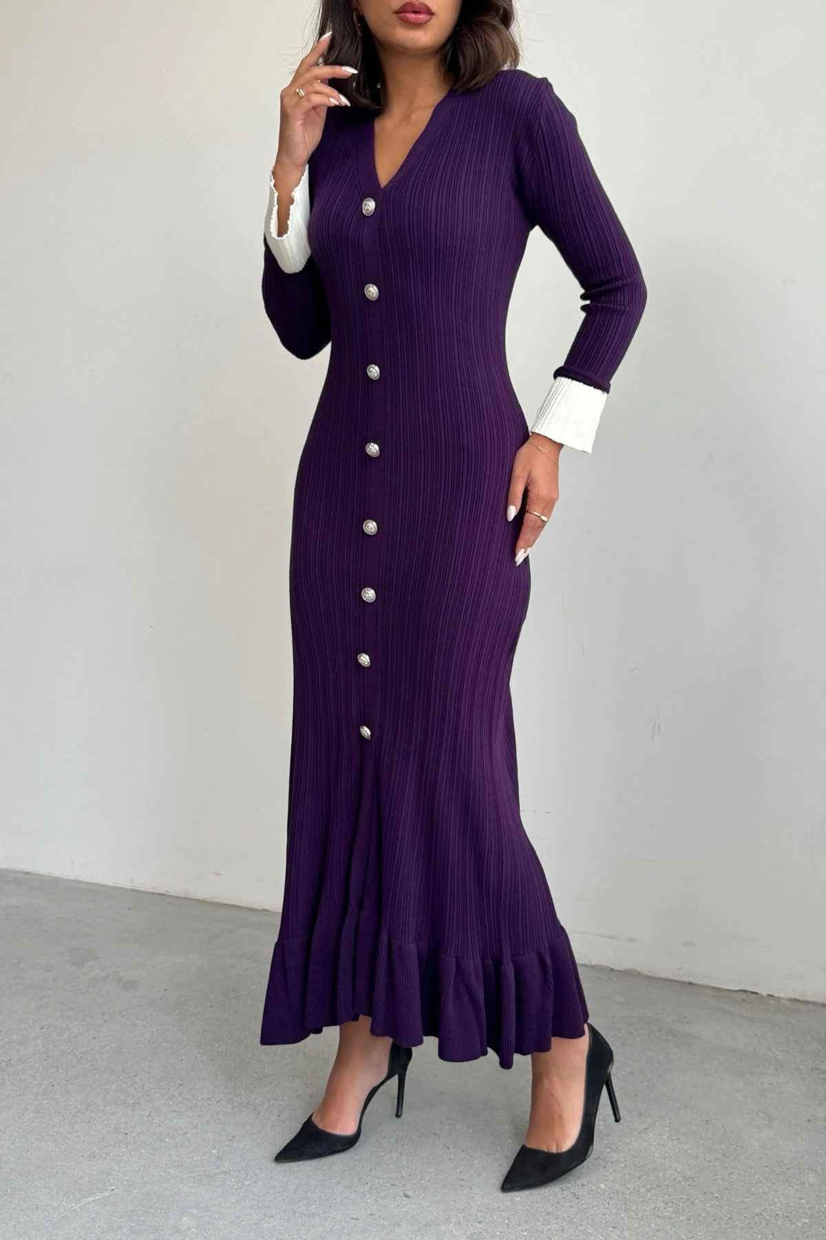 Kadın Mor Şık Bilek Boy Kol Boydan Düğmeli Uzun Triko Elbise