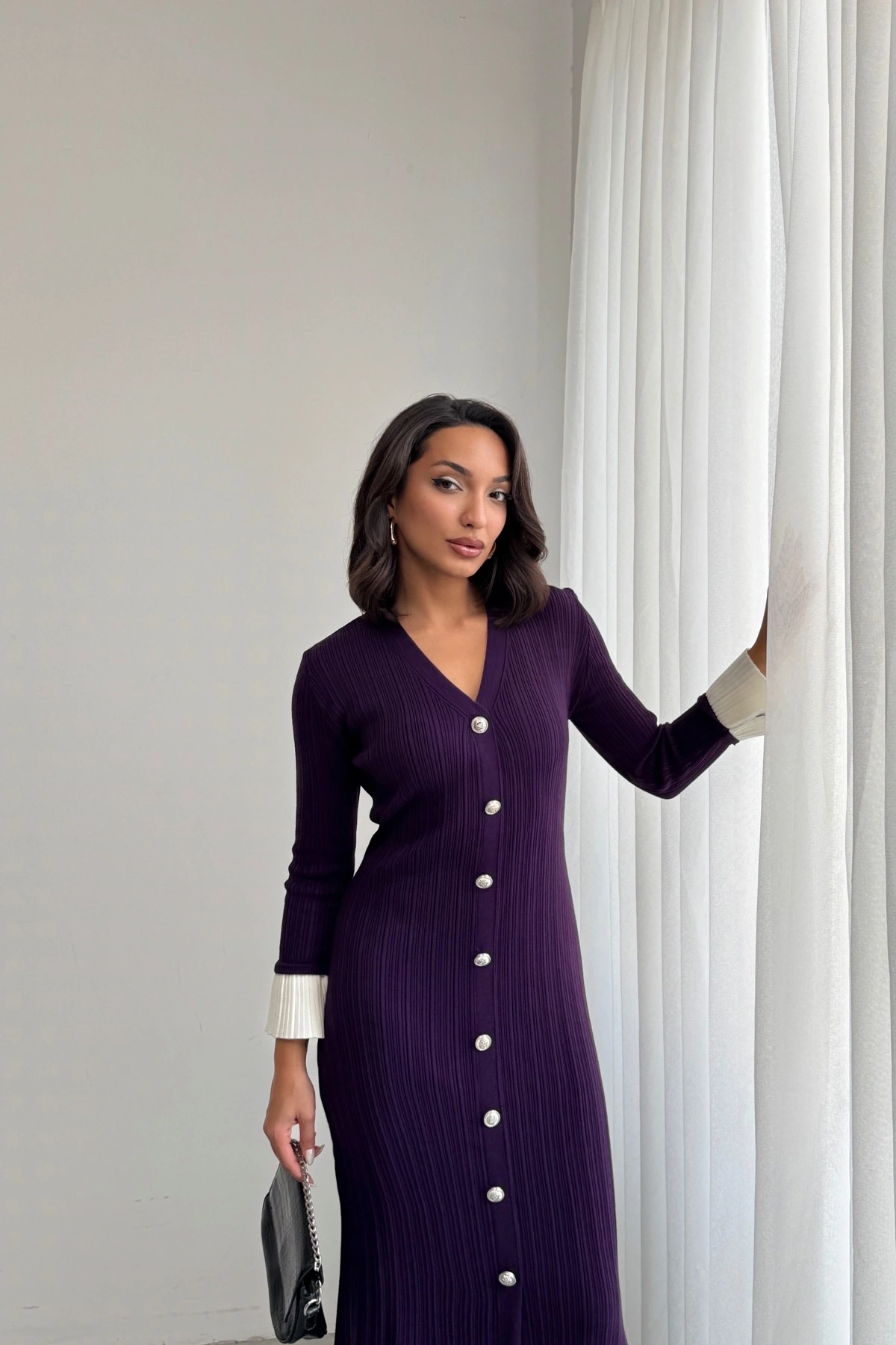 Kadın Mor Şık Bilek Boy Kol Boydan Düğmeli Uzun Triko Elbise