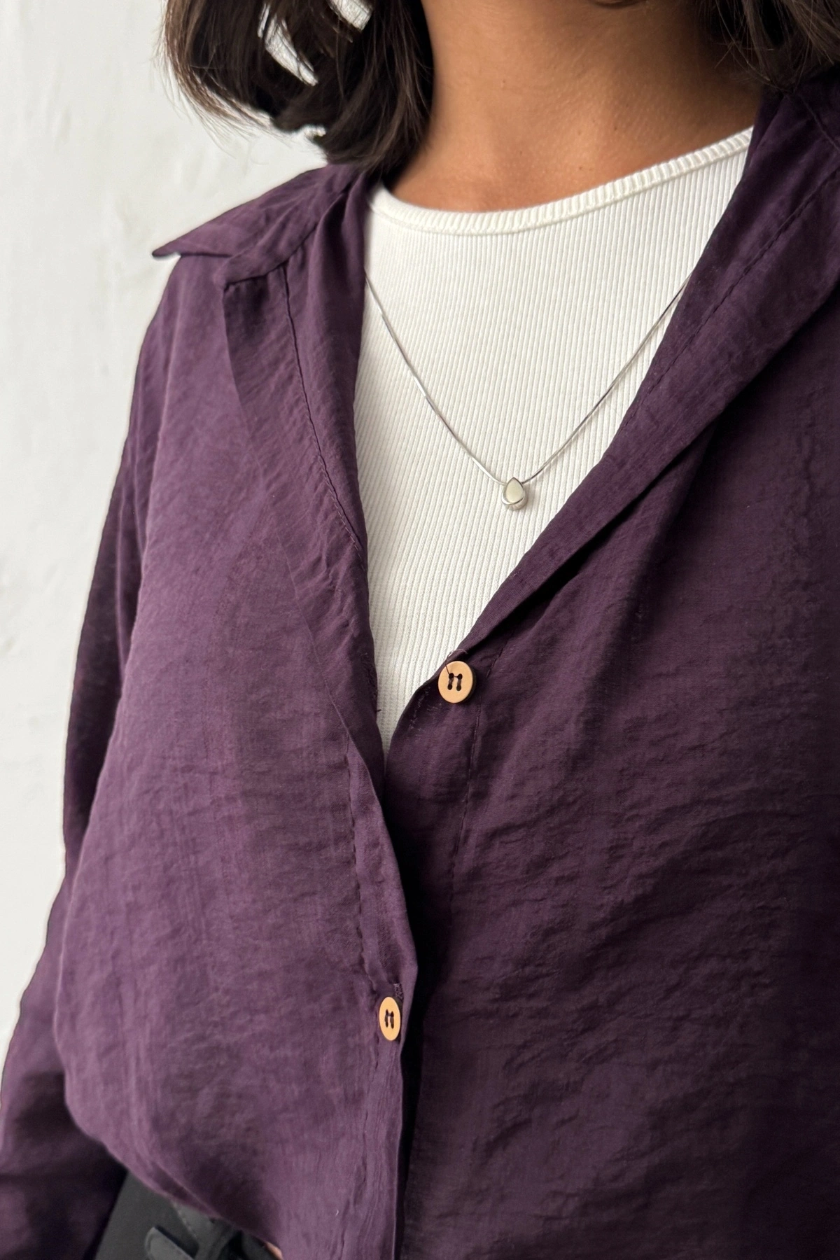 Kadın Mürdüm 3’lü Yapışık Set Body ve Kolyeli Gömlek