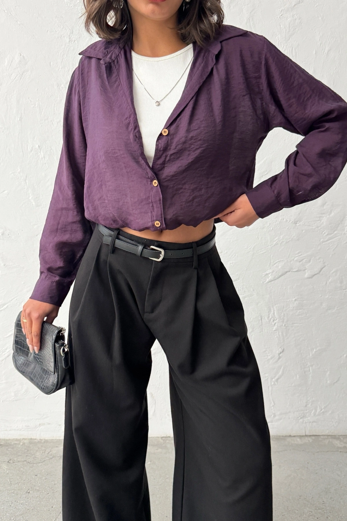 Kadın Mürdüm 3’lü Yapışık Set Body ve Kolyeli Gömlek