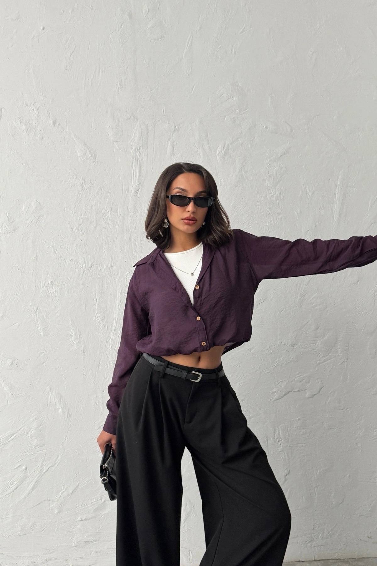 Kadın Mürdüm 3’lü Yapışık Set Body ve Kolyeli Gömlek