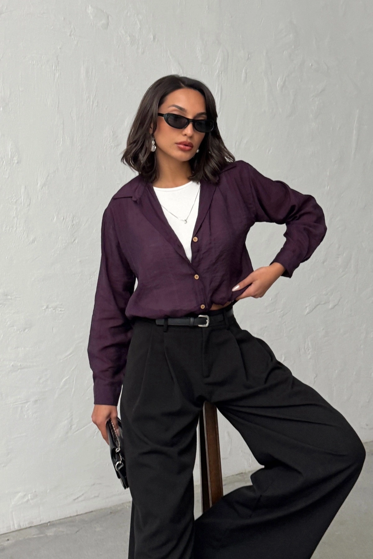 Kadın Mürdüm 3’lü Yapışık Set Body ve Kolyeli Gömlek