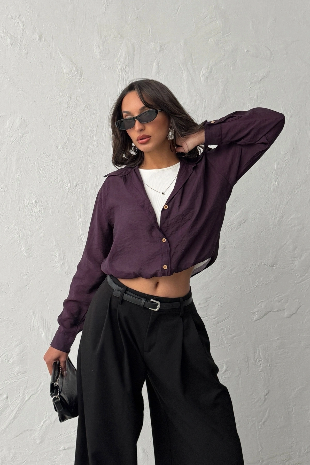 Kadın Mürdüm 3’lü Yapışık Set Body ve Kolyeli Gömlek