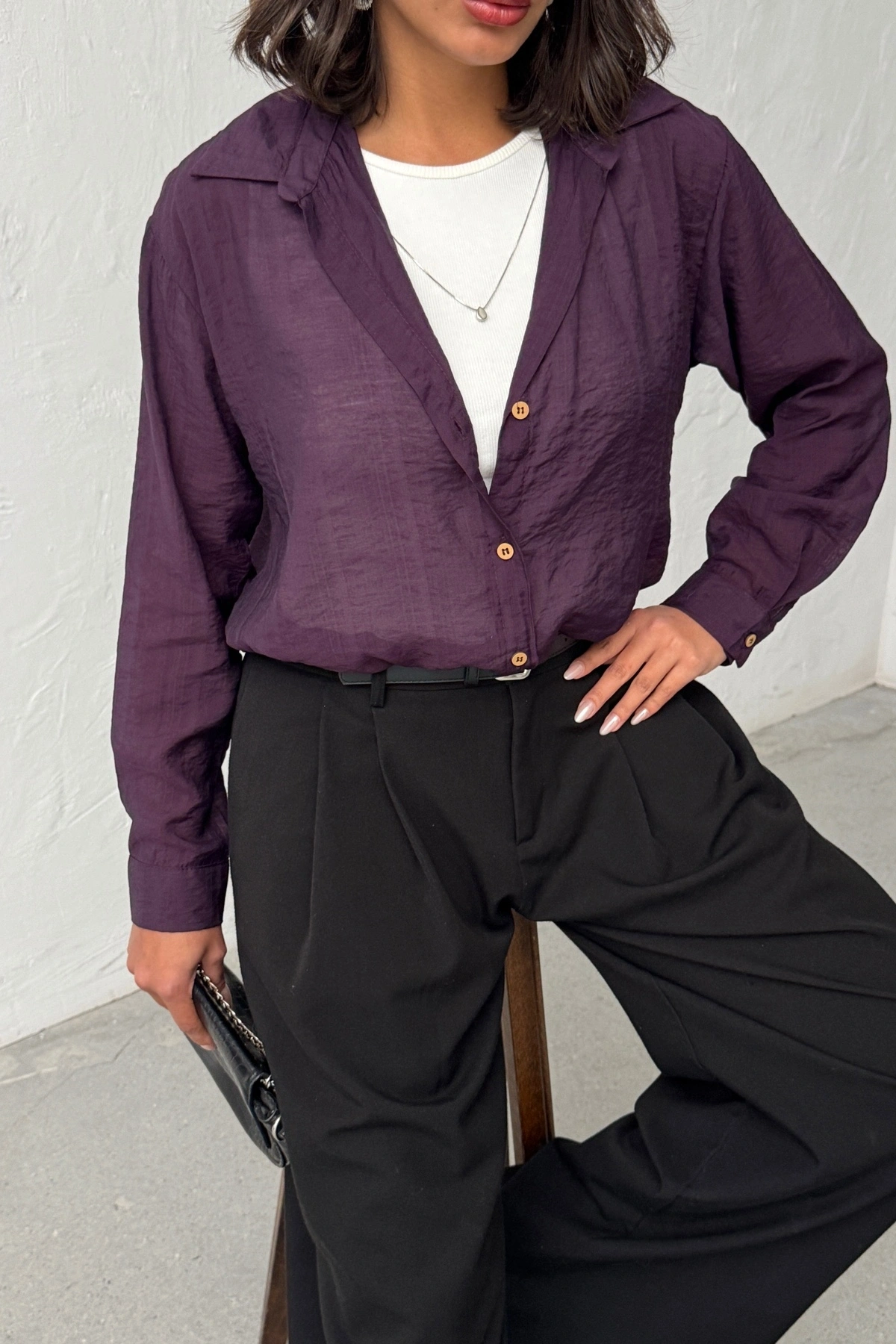 Kadın Mürdüm 3’lü Yapışık Set Body ve Kolyeli Gömlek