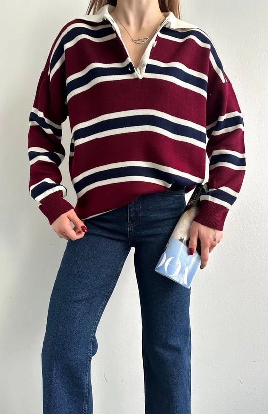 Kadın Polo Yaka Bordo Oversize Kazak