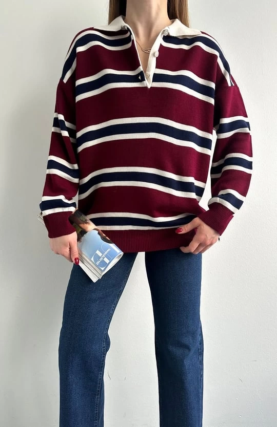 Kadın Polo Yaka Bordo Oversize Kazak