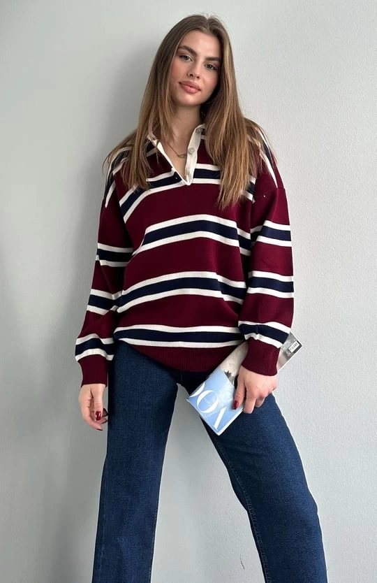 Kadın Polo Yaka Bordo Oversize Kazak
