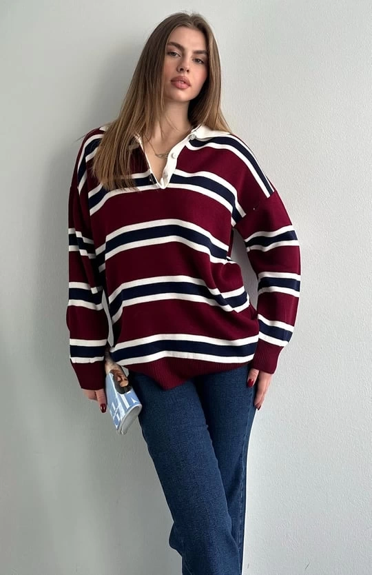 Kadın Polo Yaka Bordo Oversize Kazak