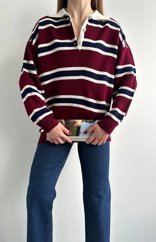 Kadın Polo Yaka Bordo Oversize Kazak