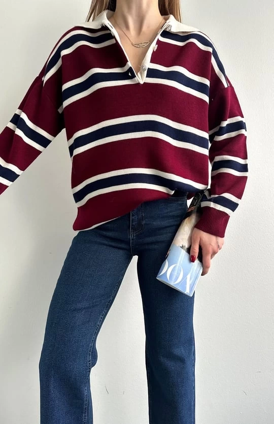 Kadın Polo Yaka Bordo Oversize Kazak