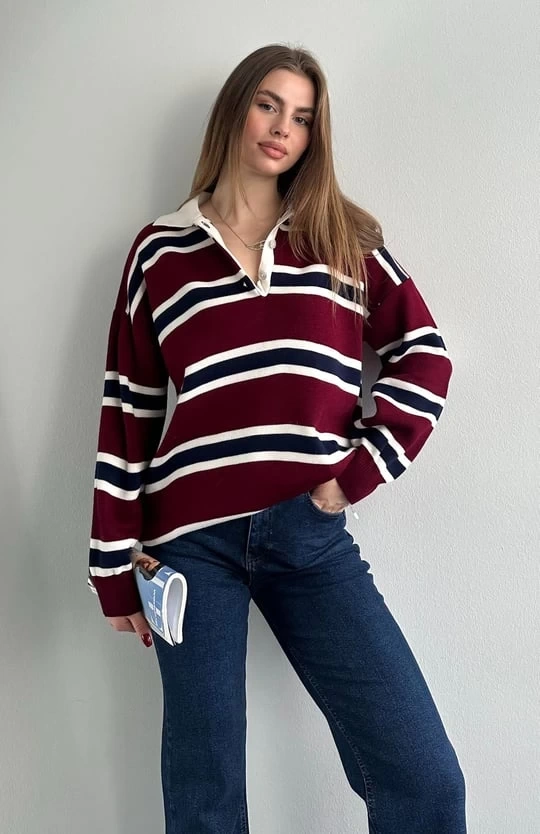 Kadın Polo Yaka Bordo Oversize Kazak