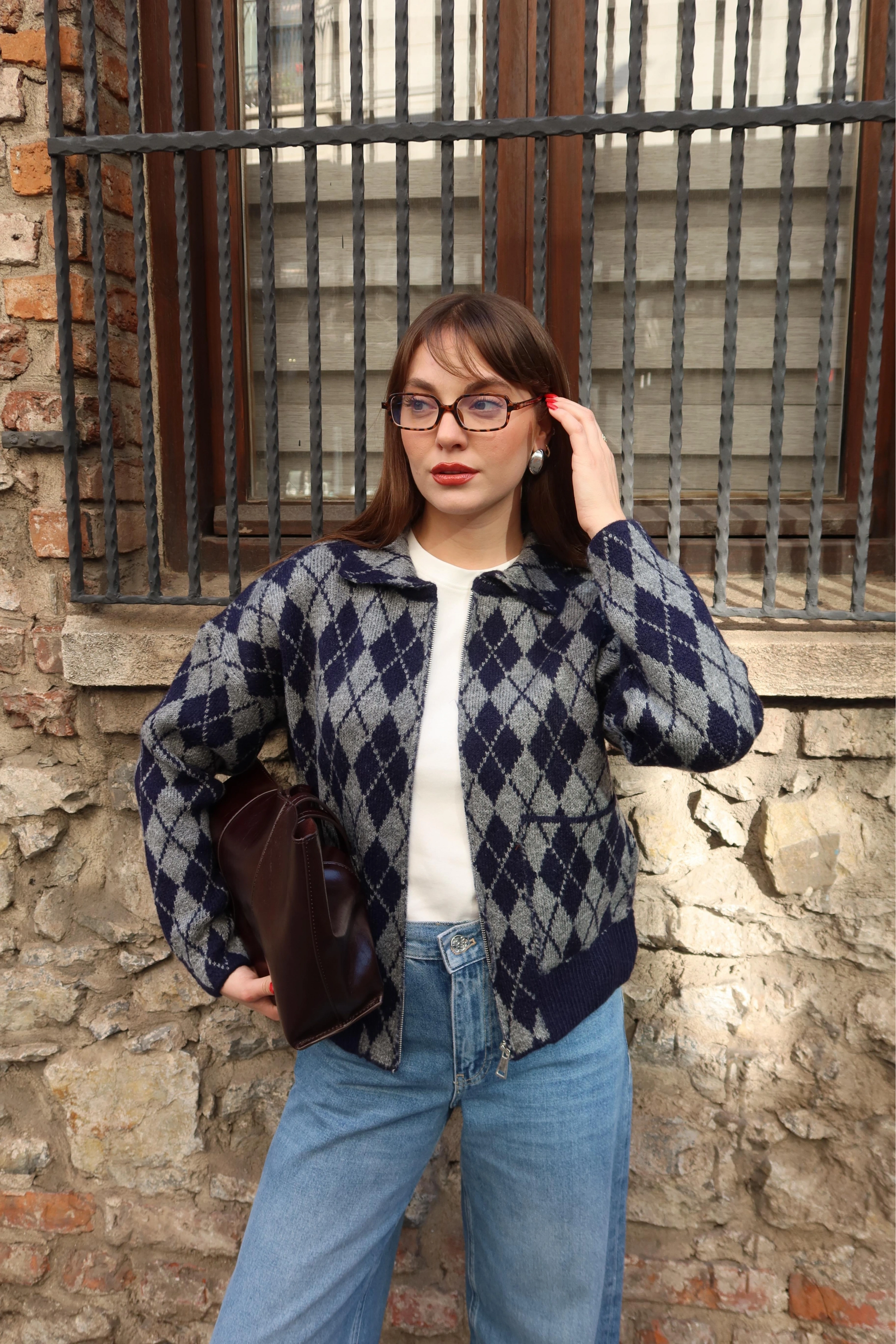 Kadın Polo yaka Çift Cep Detaylı Baklava Desen Premium Hırka