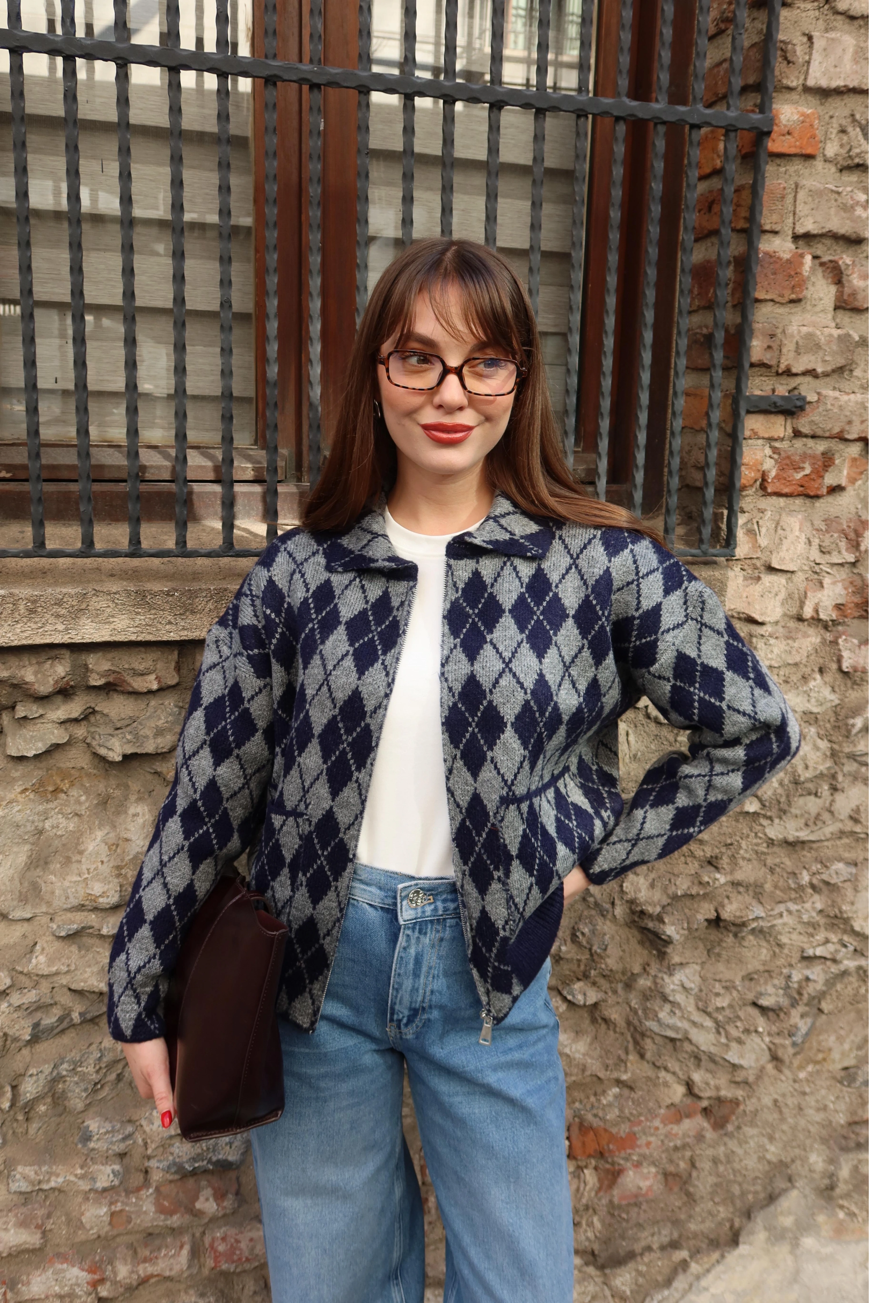 Kadın Polo yaka Çift Cep Detaylı Baklava Desen Premium Hırka