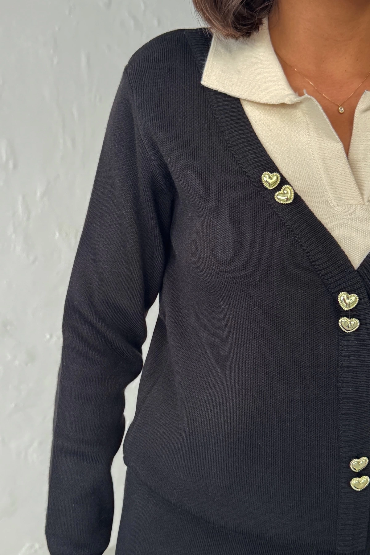 Kadın Polo Yaka ve Kalp Düğme Detaylı Alt Üst Şık Triko Takım - Siyah