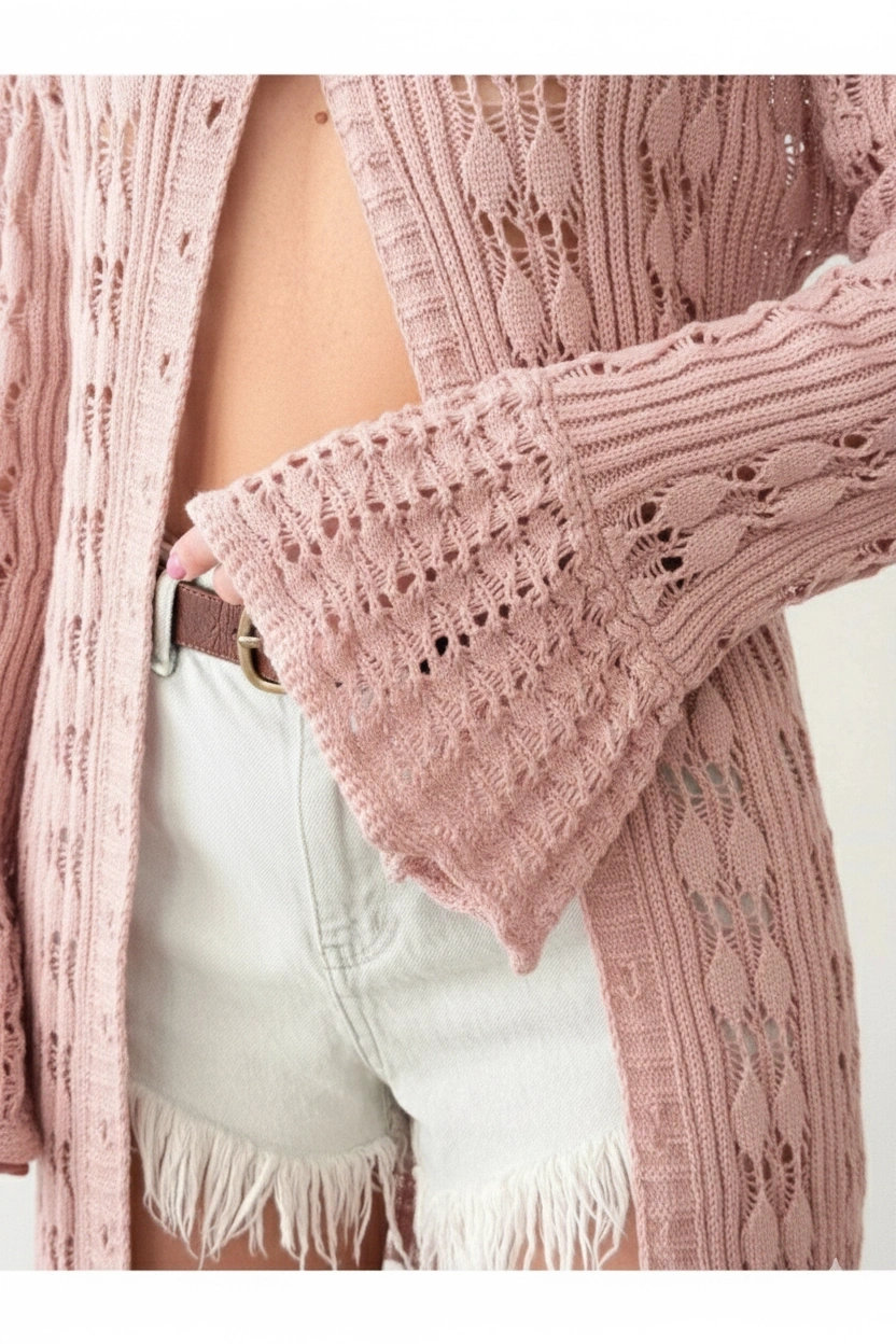 Kadın Şeker Pembe Boydan Düğmeli Ajurlu İspanyol Kol Uzun Triko Hırka