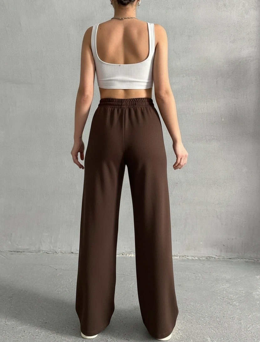 Kadın Şık Nervür Çizgi Detaylı Beli Lastikli Bağlamalı Premium Kalite Kahve Palazzo Pantolon