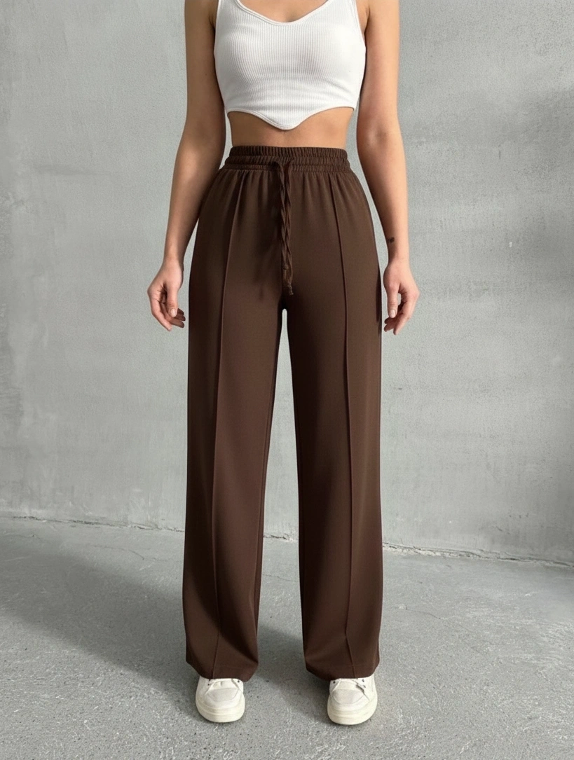 Kadın Şık Nervür Çizgi Detaylı Beli Lastikli Bağlamalı Premium Kalite Kahve Palazzo Pantolon