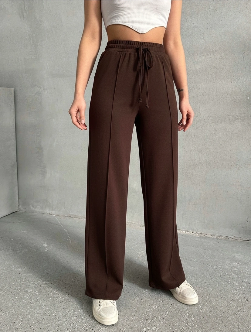 Kadın Şık Nervür Çizgi Detaylı Beli Lastikli Bağlamalı Premium Kalite Kahve Palazzo Pantolon