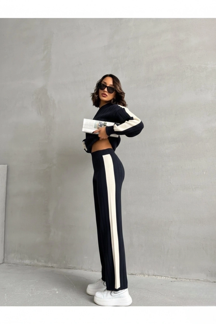 Kadın Şık Şerit Detaylı Lacivert Kazak Palazzo Pantolon Alt Üst İkili Triko Takım (Yeni Renk)