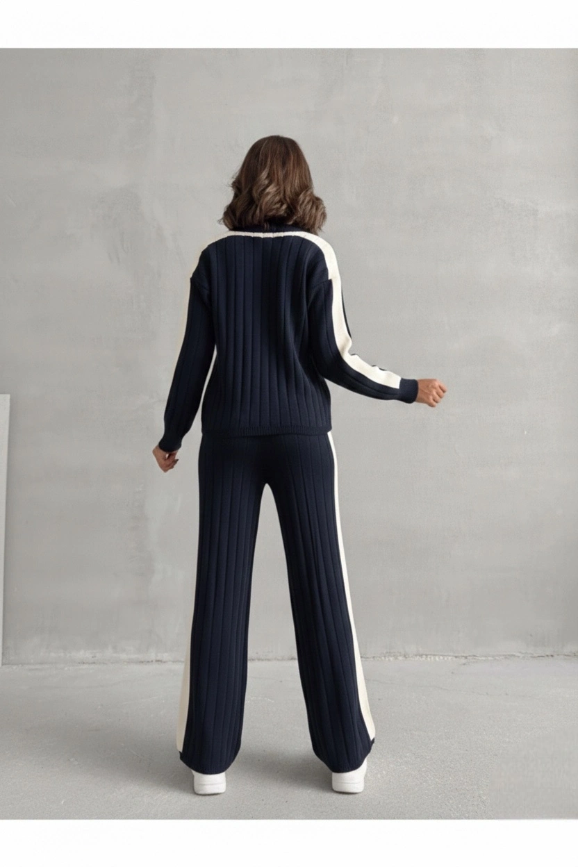 Kadın Şık Şerit Detaylı Lacivert Kazak Palazzo Pantolon Alt Üst İkili Triko Takım (Yeni Renk)