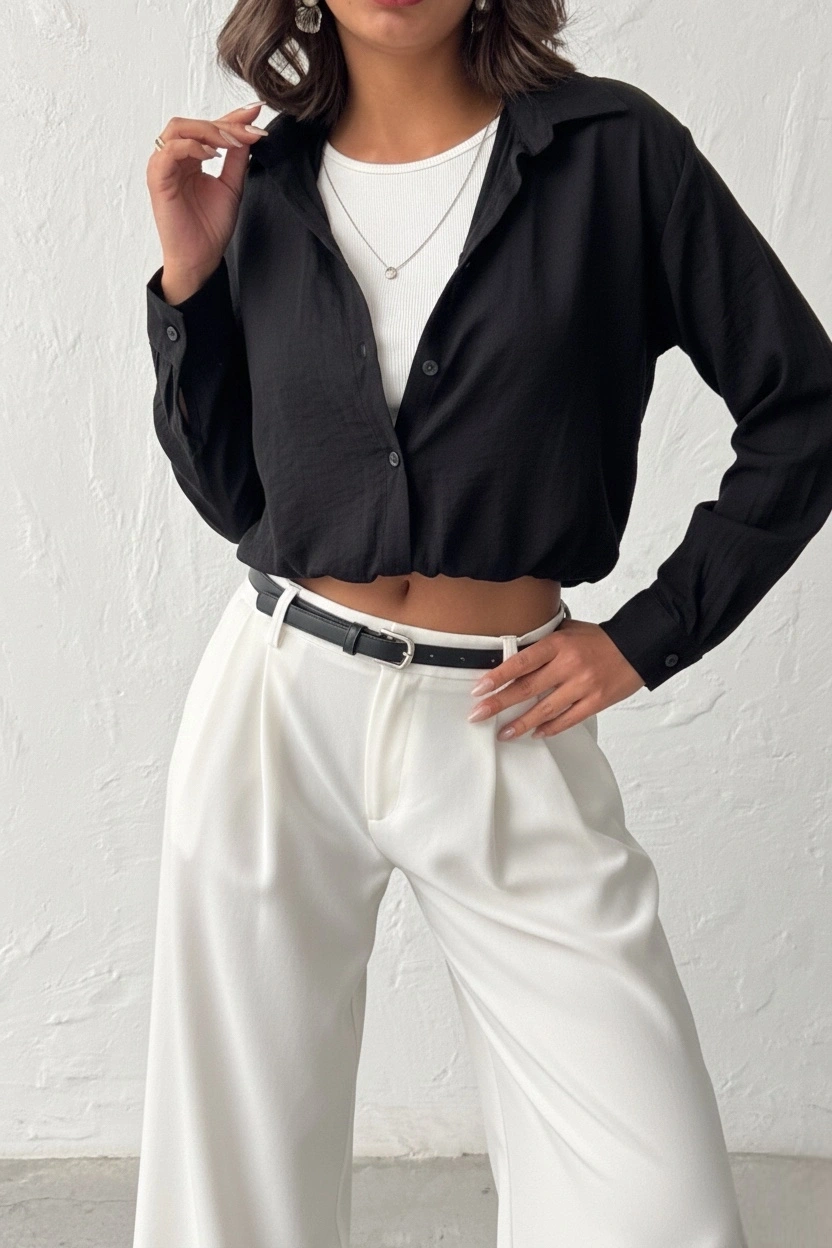 Kadın Siyah 3’lü Yapışık Set Body ve Kolyeli Gömlek