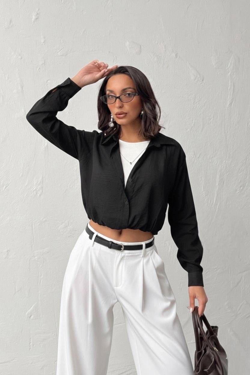 Kadın Siyah 3’lü Yapışık Set Body ve Kolyeli Gömlek