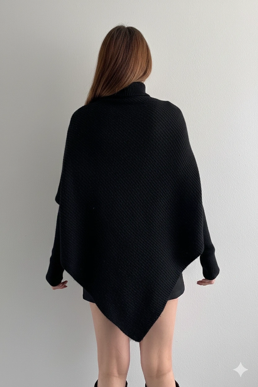 Kadın Siyah Asimetrik Kesim Boğazlı Balıkçı Yaka Triko Kazak