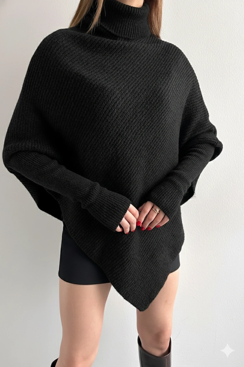 Kadın Siyah Asimetrik Kesim Boğazlı Balıkçı Yaka Triko Kazak