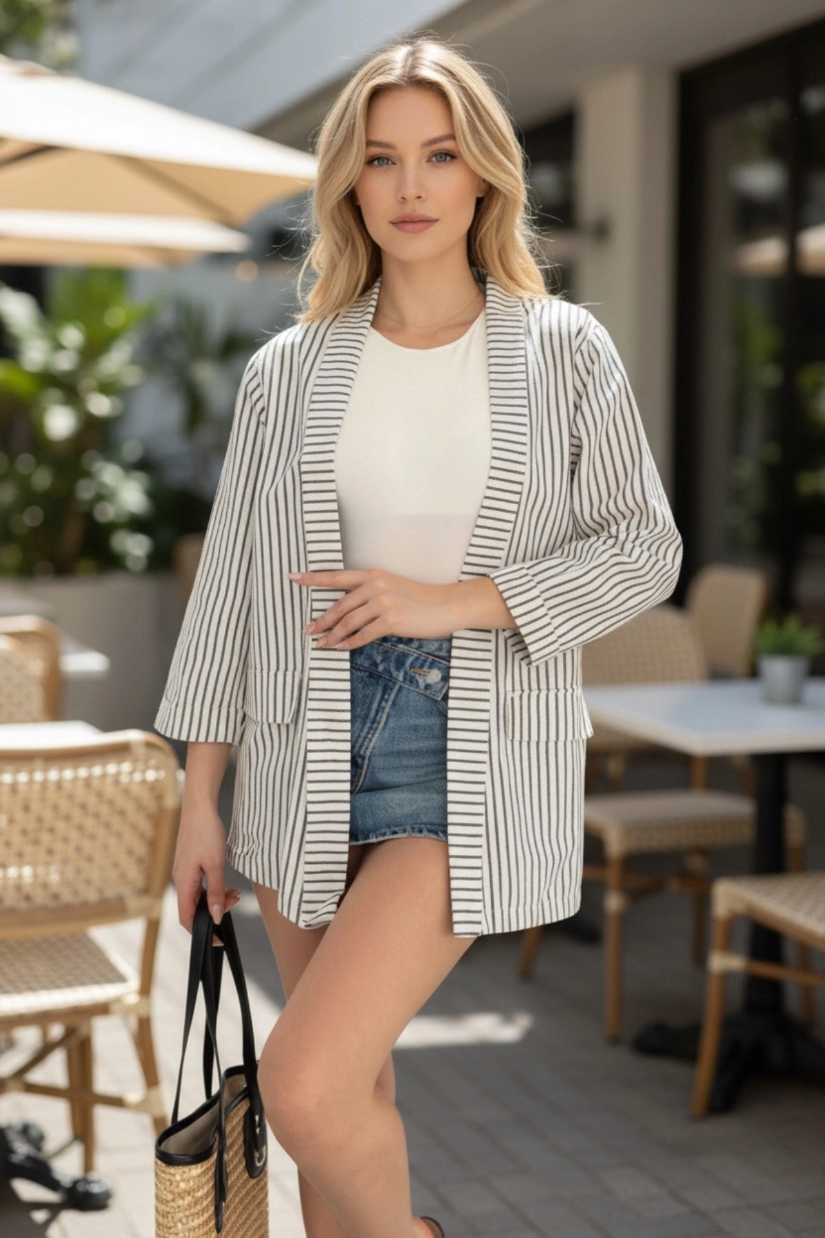 Kadın Siyah Çizgili Kimono Gömlek