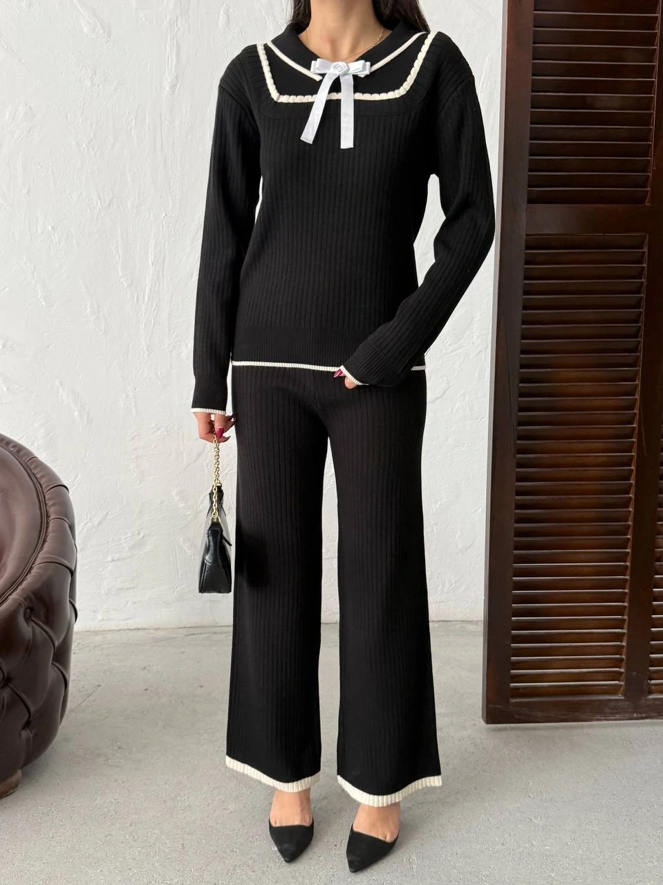 Kadın Siyah Fiyonk Detaylı Fitilli Alt Üst Şık Triko Takım